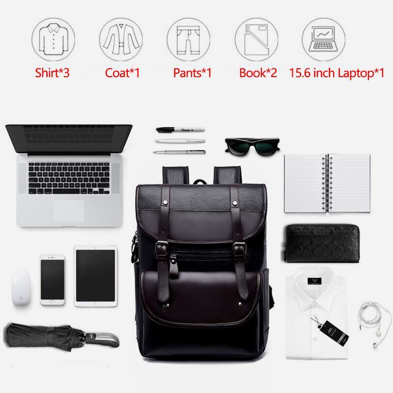 Herren Pu Leder Haspe Große Kapazität Rucksack Wasserdichte 15.6 Zoll Laptoptasche Mit Mehreren Taschen Mode Wilde Reisetasche