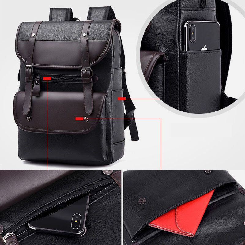 Herren Pu Leder Haspe Große Kapazität Rucksack Wasserdichte 15.6 Zoll Laptoptasche Mit Mehreren Taschen Mode Wilde Reisetasche