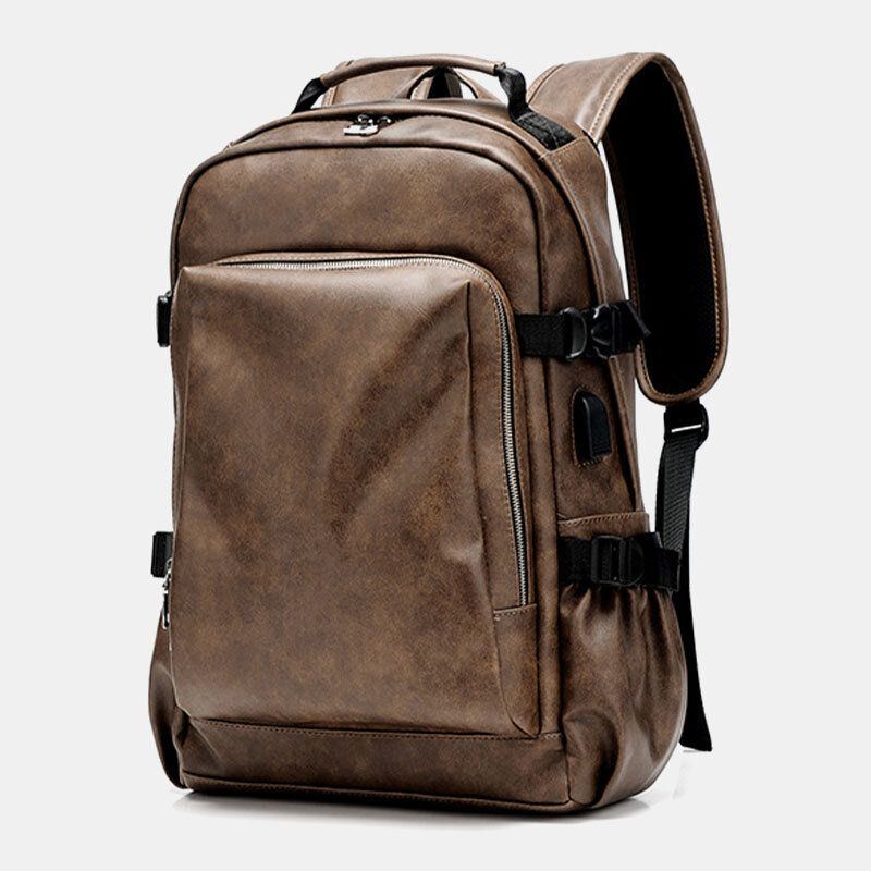 Herren Pu Leder Usb Aufladung Business Casual Wasserdichte 14 Zoll Laptoptasche Studentenschultasche Verstellbarer Rucksack