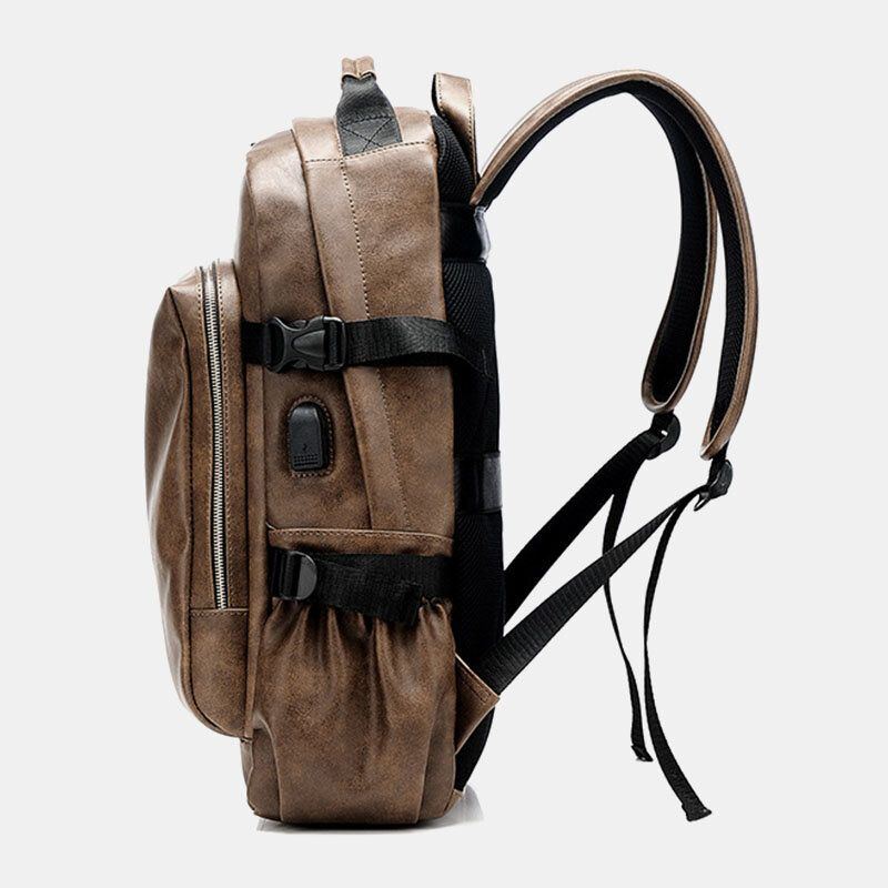 Herren Pu Leder Usb Aufladung Business Casual Wasserdichte 14 Zoll Laptoptasche Studentenschultasche Verstellbarer Rucksack