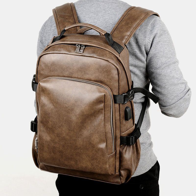 Herren Pu Leder Usb Aufladung Business Casual Wasserdichte 14 Zoll Laptoptasche Studentenschultasche Verstellbarer Rucksack