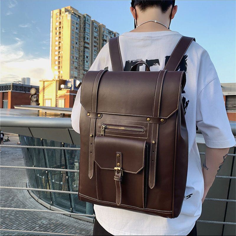 Herren Retro Pu Weiches Leder Große Kapazität Rucksack Wasserdichte Atmungsaktive Fronttasche Design Umhängetasche