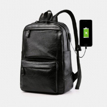 Herren Usb Aufladung Kunstleder Business Retro Große Kapazität Wasserdichter 15.6 Zoll Laptop Rucksack