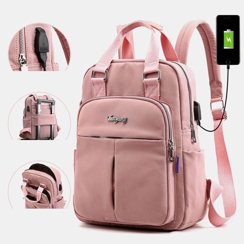 Wasserdichter Lässiger Patchwork Rucksack Für Damen Aus Nylon Mit Usb Ladeanschluss Für Die Schule Im Freien