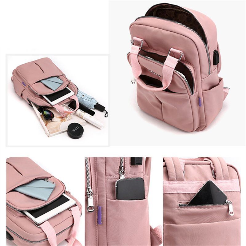 Wasserdichter Lässiger Patchwork Rucksack Für Damen Aus Nylon Mit Usb Ladeanschluss Für Die Schule Im Freien