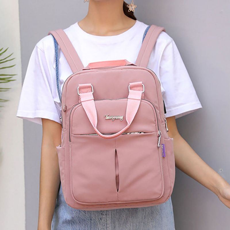 Wasserdichter Lässiger Patchwork Rucksack Für Damen Aus Nylon Mit Usb Ladeanschluss Für Die Schule Im Freien