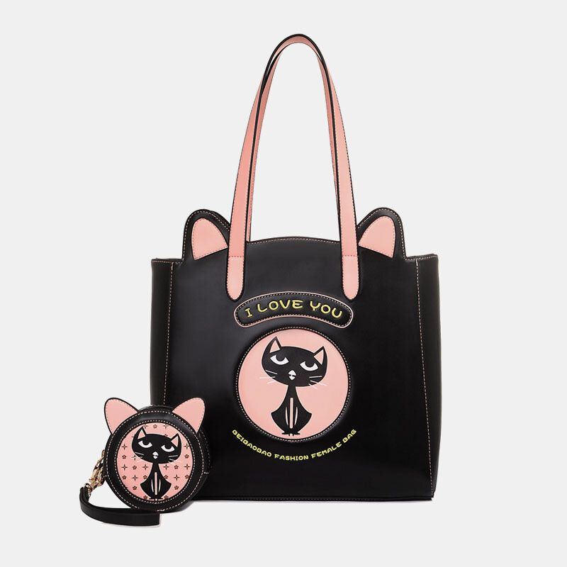 2 Stück Damenmode Umhängetasche Katze Muster Handtasche