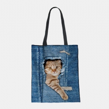 Damen Canvas Breaking Hole Denim 3d Niedliche Katze Hund Muster Casual Outdoor Handtasche Umhängetasche Tote