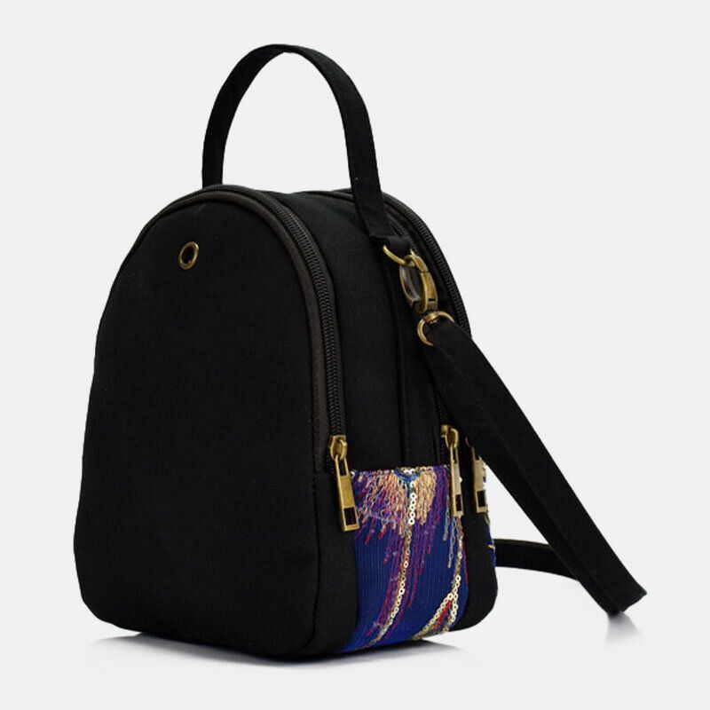 Damen Canvas Ethno Stil Stickerei Pfauenmuster Pailletten Mini Multi Carry Handtasche Umhängetasche