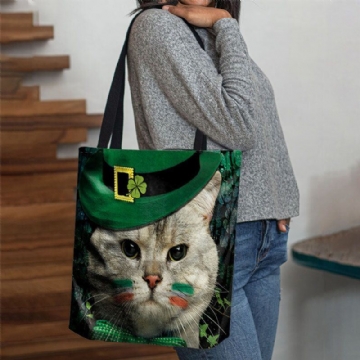 Damen Clover Cat Pattern Print Happy St Patrick Day Umhängetasche Handtasche Tote