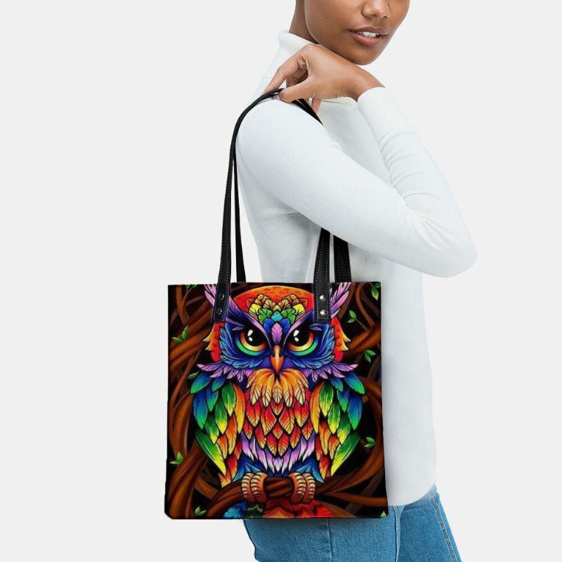 Damen Farbe Eulenmuster Leder Tragetasche Aufkleber Umhängetasche Handtasche Tragetasche Mit Integrierter Kleiner Tasche