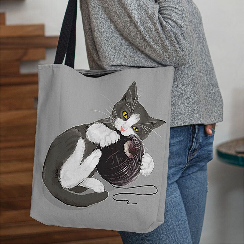 Damen Filz Süße Cartoon Katze Spielt Wollknäuel Druckmuster Lässige Umhängetasche Handtasche Tote