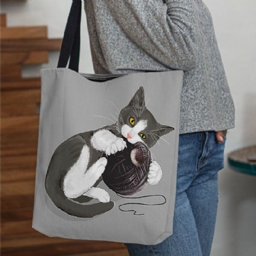 Damen Filz Süße Cartoon Katze Spielt Wollknäuel Druckmuster Lässige Umhängetasche Handtasche Tote