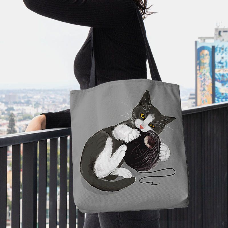 Damen Filz Süße Cartoon Katze Spielt Wollknäuel Druckmuster Lässige Umhängetasche Handtasche Tote