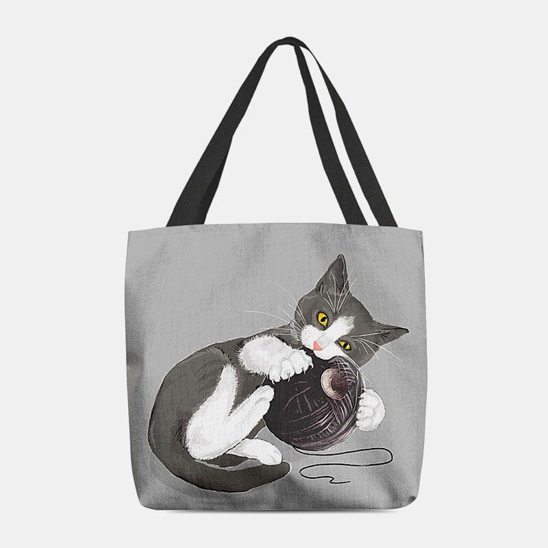 Damen Filz Süße Cartoon Katze Spielt Wollknäuel Druckmuster Lässige Umhängetasche Handtasche Tote