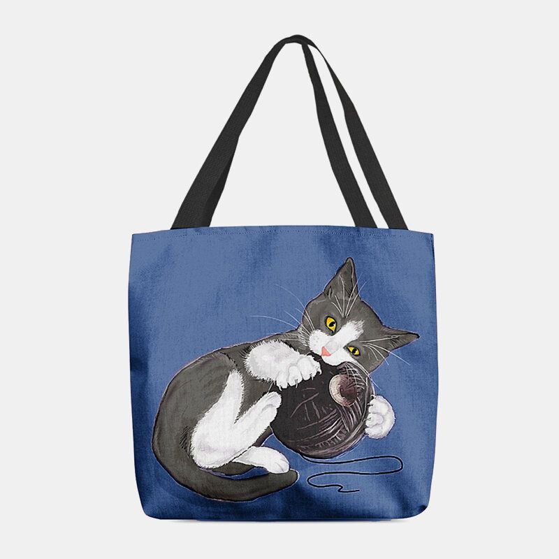 Damen Filz Süße Cartoon Katze Spielt Wollknäuel Druckmuster Lässige Umhängetasche Handtasche Tote