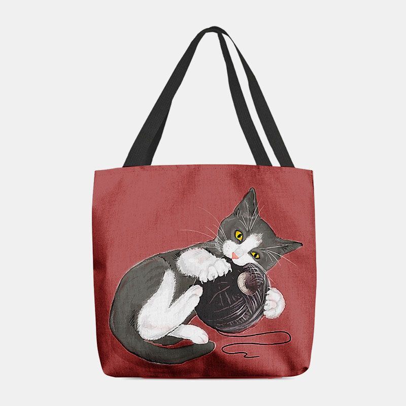 Damen Filz Süße Cartoon Katze Spielt Wollknäuel Druckmuster Lässige Umhängetasche Handtasche Tote