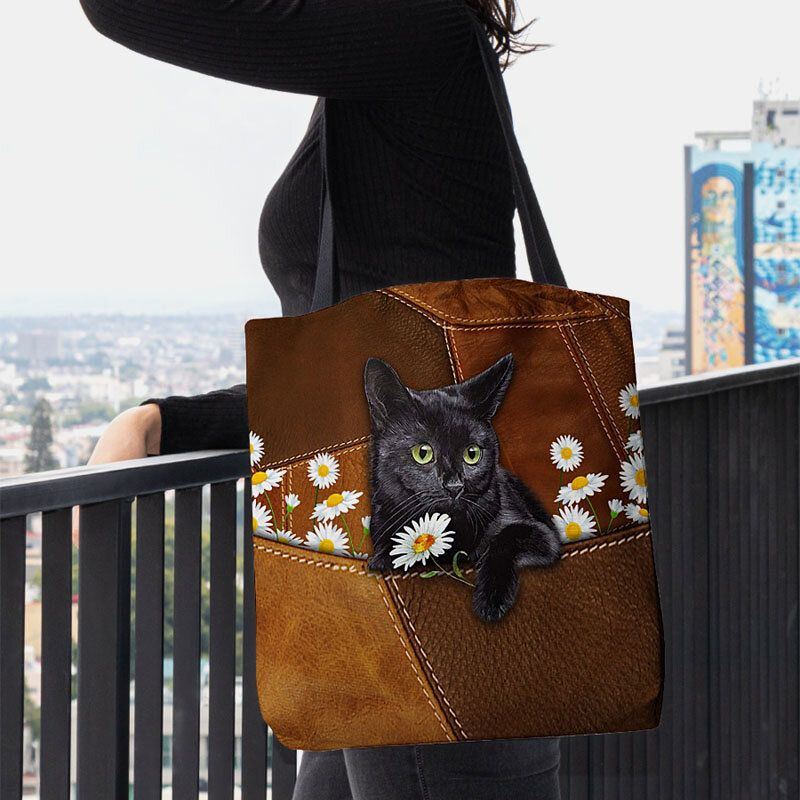 Damen Fühlte Sich Niedlich 3d Dreidimensionale Schwarze Katze Gänseblümchen Muster Umhängetasche Handtasche Tote