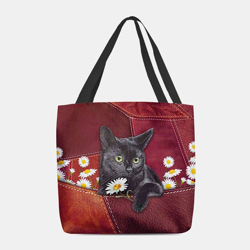 Damen Fühlte Sich Niedlich 3d Dreidimensionale Schwarze Katze Gänseblümchen Muster Umhängetasche Handtasche Tote