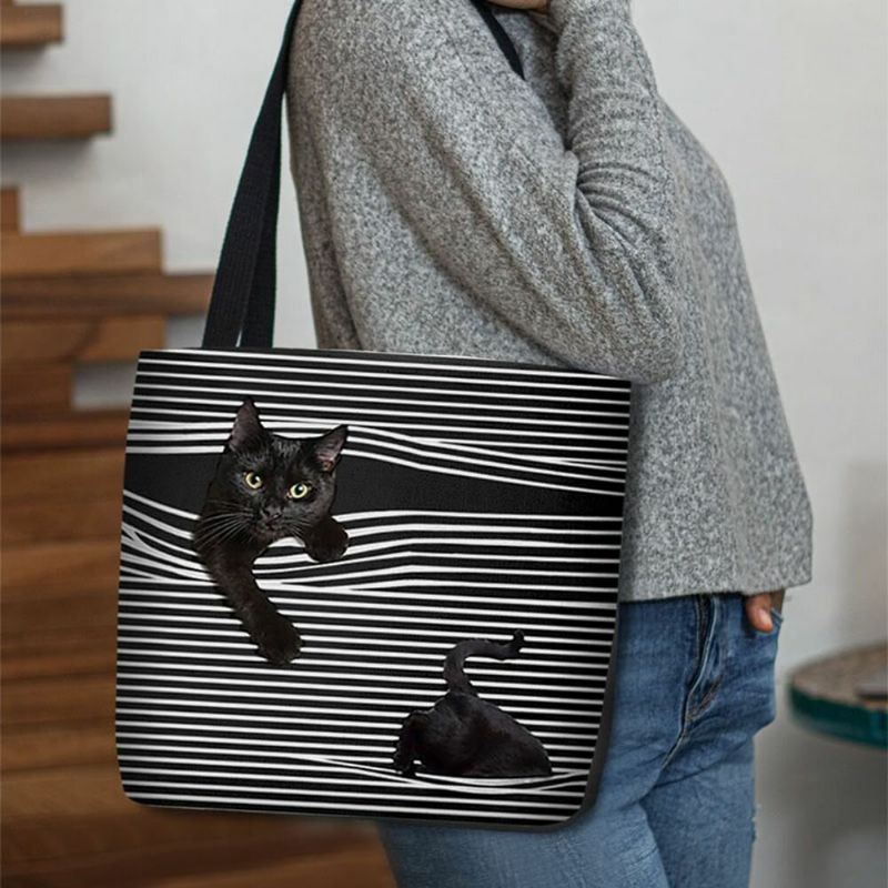 Damen Fühlte Sich Niedlich 3d Dreidimensionale Schwarze Katze Streifen Muster Umhängetasche Handtasche Tote