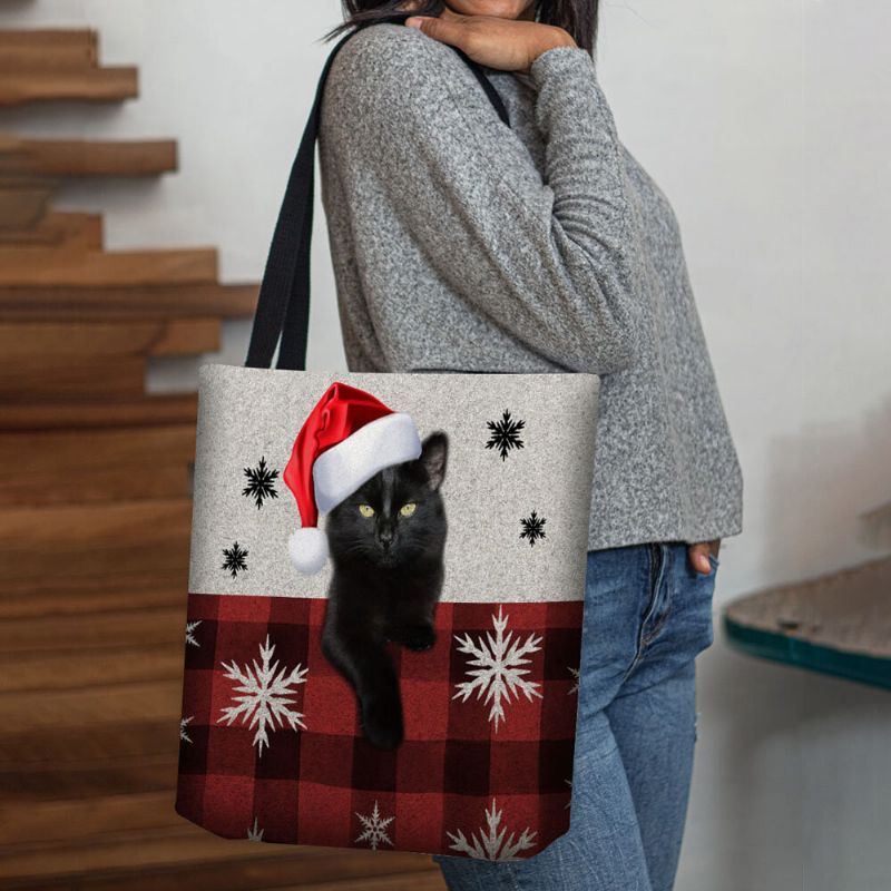 Damen Fühlte Sich Niedlich Cartoon Festlich Weihnachten Gekleidet Katze Schneeflocke Muster Umhängetasche Handtasche Tote