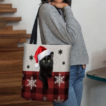 Damen Fühlte Sich Niedlich Cartoon Festlich Weihnachten Gekleidet Katze Schneeflocke Muster Umhängetasche Handtasche Tote