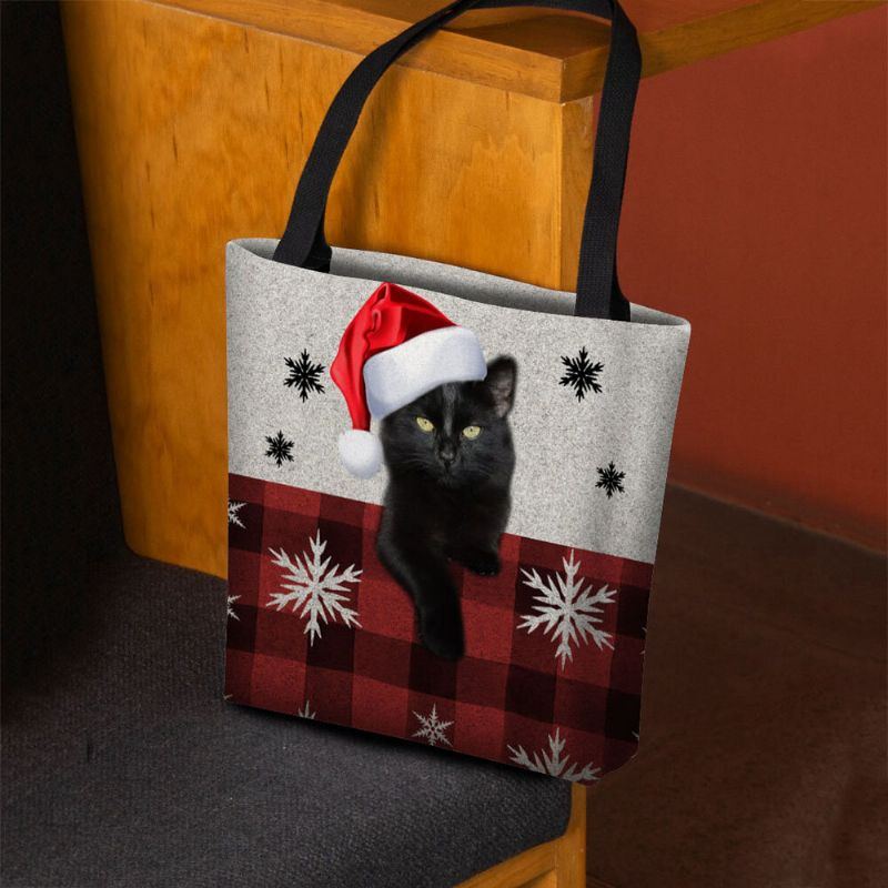 Damen Fühlte Sich Niedlich Cartoon Festlich Weihnachten Gekleidet Katze Schneeflocke Muster Umhängetasche Handtasche Tote