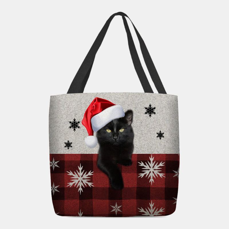 Damen Fühlte Sich Niedlich Cartoon Festlich Weihnachten Gekleidet Katze Schneeflocke Muster Umhängetasche Handtasche Tote