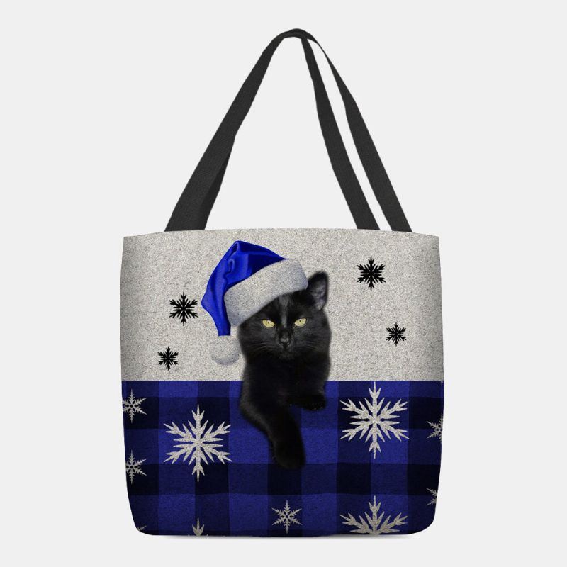 Damen Fühlte Sich Niedlich Cartoon Festlich Weihnachten Gekleidet Katze Schneeflocke Muster Umhängetasche Handtasche Tote