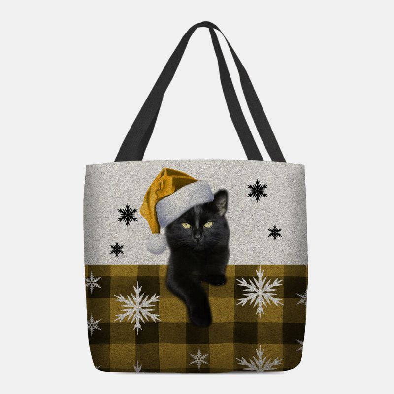 Damen Fühlte Sich Niedlich Cartoon Festlich Weihnachten Gekleidet Katze Schneeflocke Muster Umhängetasche Handtasche Tote