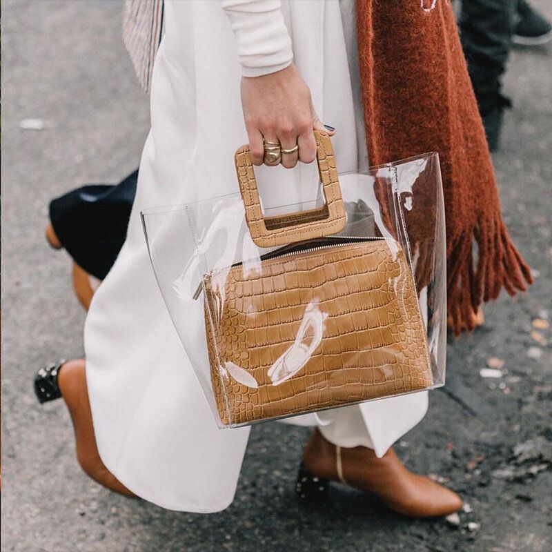 Damen Handtasche Mit Transparentem Krokodilmuster 2 Teilig