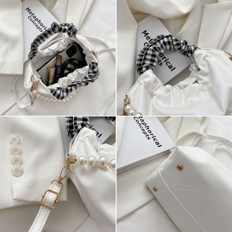 Damen Perlen Kette Faltentasche Design Handtasche Abnehmbarer Schultergurt Unterarmtasche Umhängetasche Umhängetasche