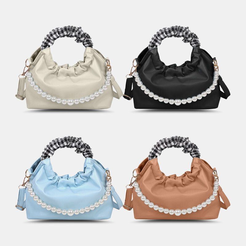 Damen Perlen Kette Faltentasche Design Handtasche Abnehmbarer Schultergurt Unterarmtasche Umhängetasche Umhängetasche