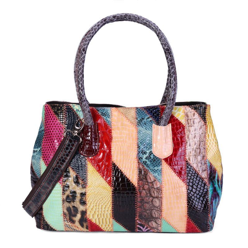 Damen Schultertasche Aus Echtem Leder Im Patchwork Stil