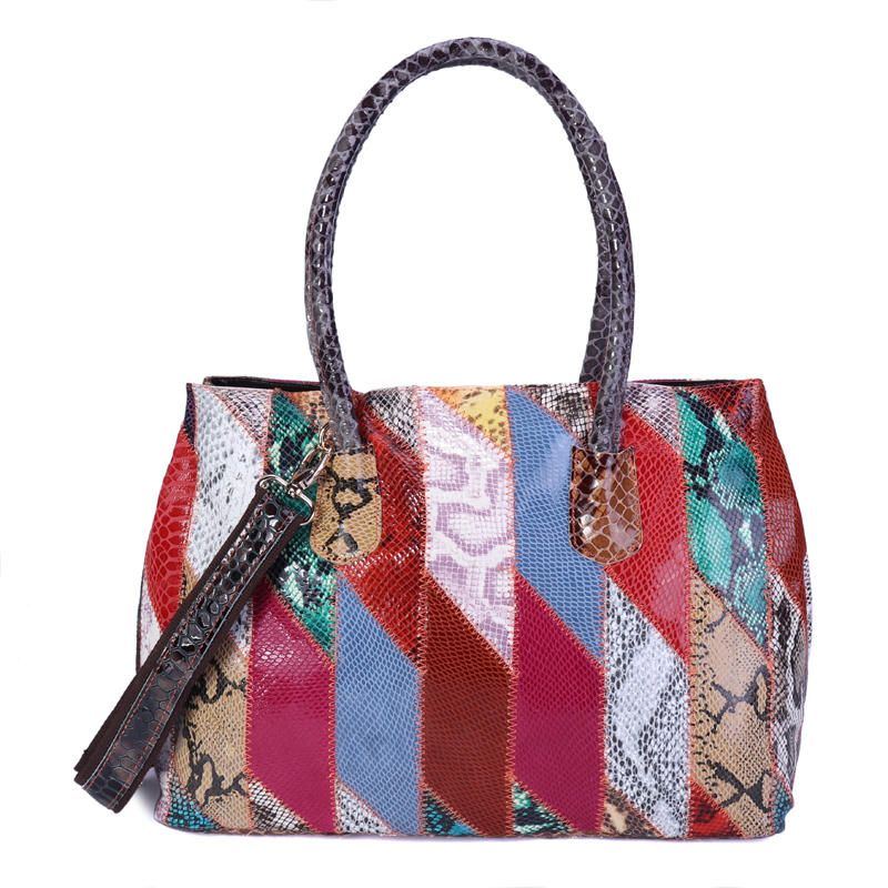 Damen Schultertasche Aus Echtem Leder Im Patchwork Stil