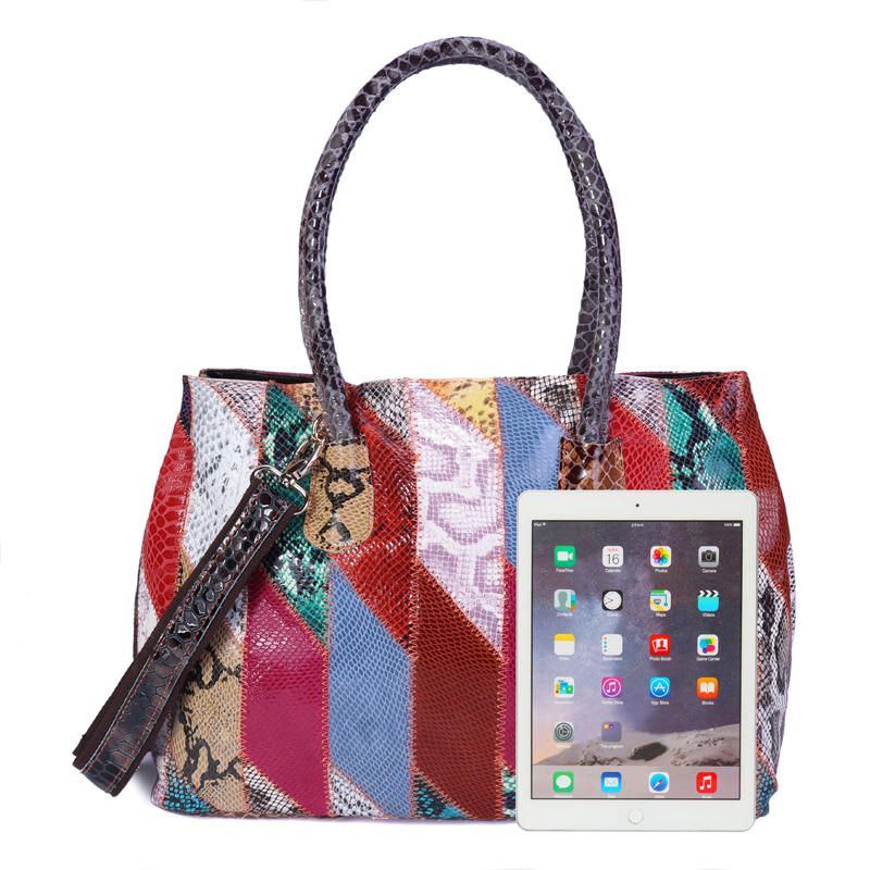 Damen Schultertasche Aus Echtem Leder Im Patchwork Stil