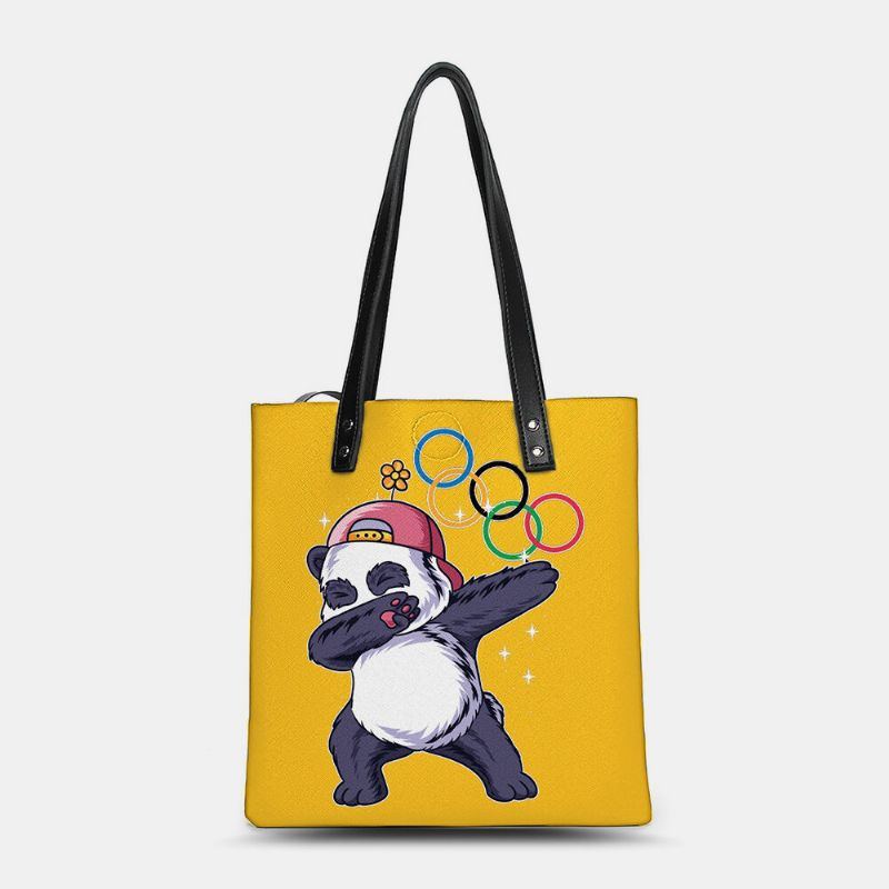 Damen Winter 2022 Niedlicher Panda Druck Handtasche Kunstleder Große Kapazität Wasserdichte Umhängetasche Einkaufstasche