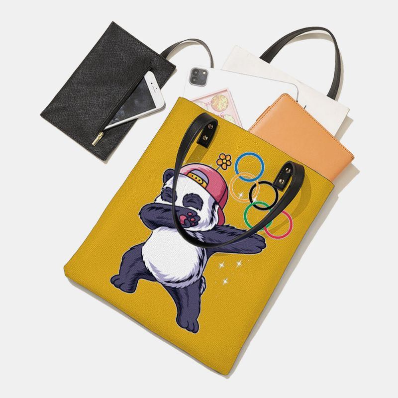 Damen Winter 2022 Niedlicher Panda Druck Handtasche Kunstleder Große Kapazität Wasserdichte Umhängetasche Einkaufstasche