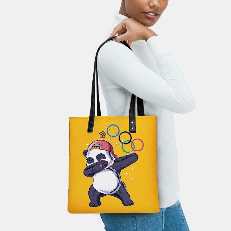 Damen Winter 2022 Niedlicher Panda Druck Handtasche Kunstleder Große Kapazität Wasserdichte Umhängetasche Einkaufstasche