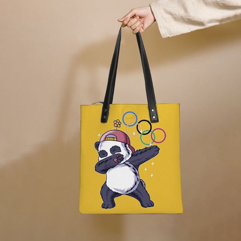 Damen Winter 2022 Niedlicher Panda Druck Handtasche Kunstleder Große Kapazität Wasserdichte Umhängetasche Einkaufstasche