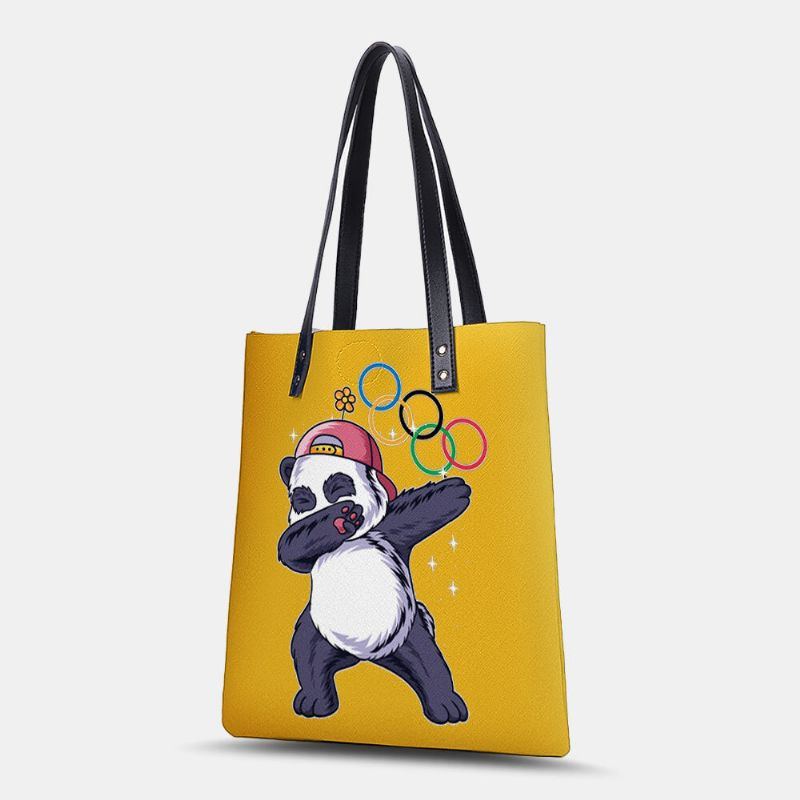 Damen Winter 2022 Niedlicher Panda Druck Handtasche Kunstleder Große Kapazität Wasserdichte Umhängetasche Einkaufstasche