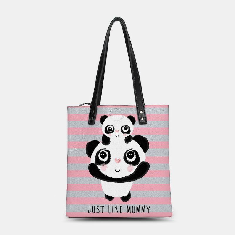 Damen Winter 2022 Niedlicher Panda Gestreifter Druck Handtasche Kunstleder Große Kapazität Wasserdichte Umhängetasche Einkaufstasche