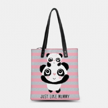 Damen Winter 2022 Niedlicher Panda Gestreifter Druck Handtasche Kunstleder Große Kapazität Wasserdichte Umhängetasche Einkaufstasche