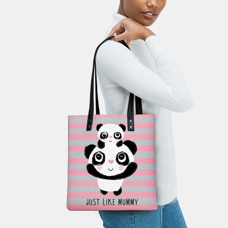 Damen Winter 2022 Niedlicher Panda Gestreifter Druck Handtasche Kunstleder Große Kapazität Wasserdichte Umhängetasche Einkaufstasche