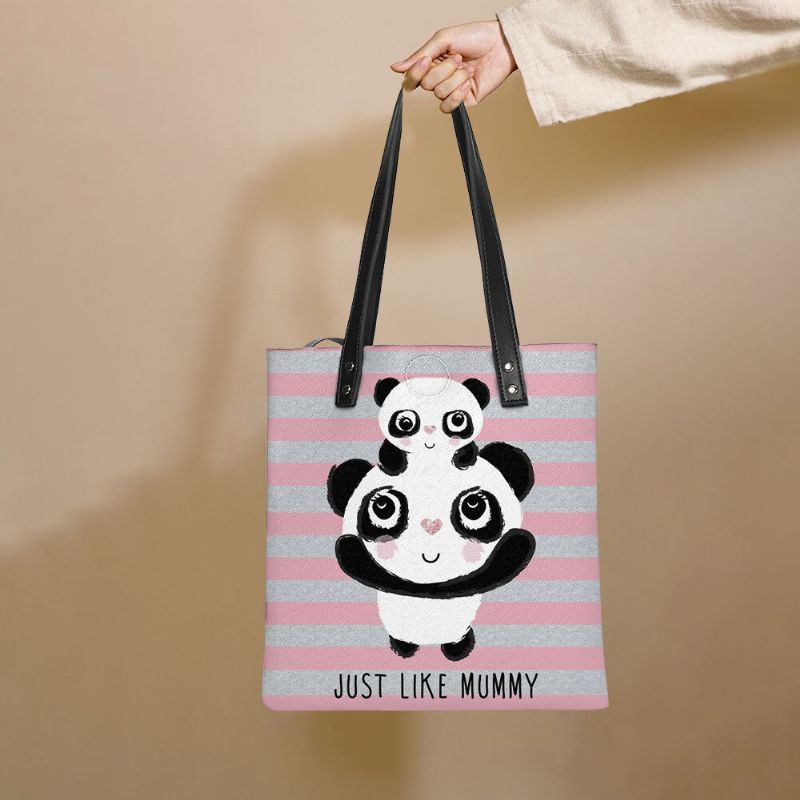 Damen Winter 2022 Niedlicher Panda Gestreifter Druck Handtasche Kunstleder Große Kapazität Wasserdichte Umhängetasche Einkaufstasche