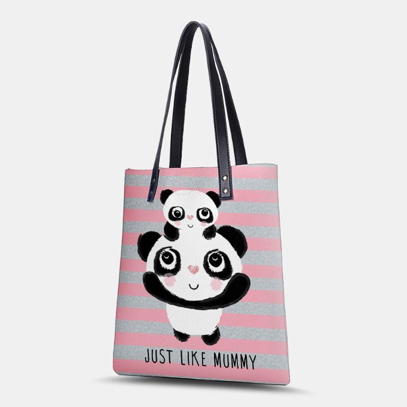 Damen Winter 2022 Niedlicher Panda Gestreifter Druck Handtasche Kunstleder Große Kapazität Wasserdichte Umhängetasche Einkaufstasche