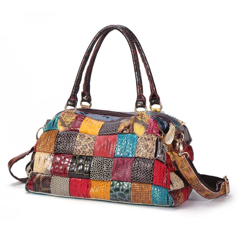 Damen Böhmische Große Kapazität Echtes Leder Handtasche Patchwork Handgemachte Umhängetaschen