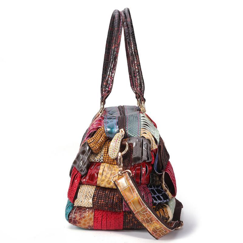 Damen Böhmische Große Kapazität Echtes Leder Handtasche Patchwork Handgemachte Umhängetaschen