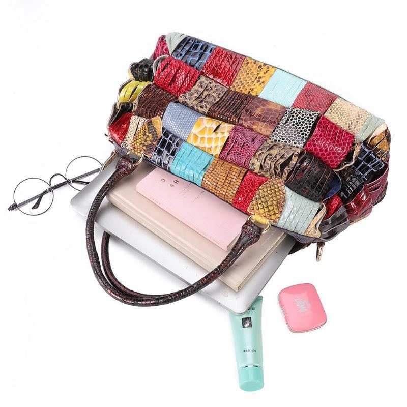 Damen Böhmische Große Kapazität Echtes Leder Handtasche Patchwork Handgemachte Umhängetaschen