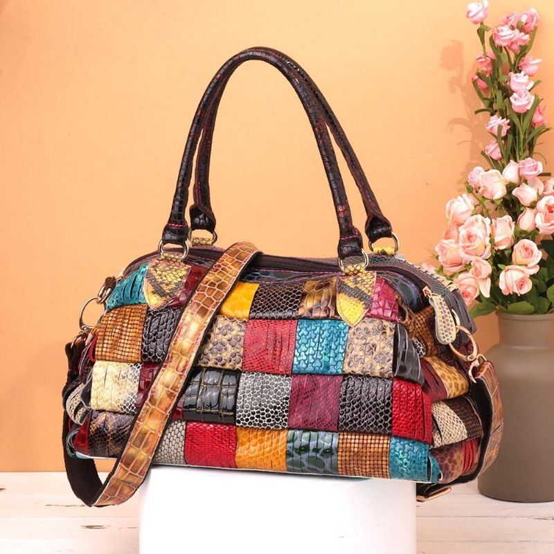 Damen Böhmische Große Kapazität Echtes Leder Handtasche Patchwork Handgemachte Umhängetaschen